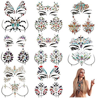 MineSign 8 Pack Face Jewels Festival Tattoo Set Face Gems Glitter Bindi Costume Makeup Rhinestone Eyes Body Rave Pasties for Party Roller (Mermaid Face Chest Kit)