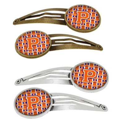 Letter P Football Orange, White and Regalia Set of 4 Barrettes Hair Clips CJ1072-PHCS4