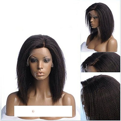 Bob Style 150% Density Kinky Straight Wigs For Women Off Black Color Glueless Synthetic Hair Lace Front Wig (14in, dark brown)