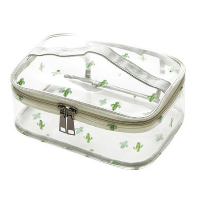 WODISON Cute Printed Clear Cosmetic Bag Travel Makeup Train Case Organizer with Top Handle Cactus Large