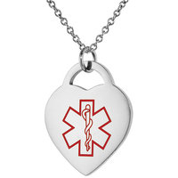 Surgical Steel Medical Alert Necklace for DIABETES-INSULIN Heart Shape ID 7/8 inch wide, 24 inch long