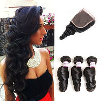 Racily Hair Brazilian Loose Wave Hair 3 Bundles With Closure 8-26 Inches Color Natural Black Lose Wave With Lace Closure (20