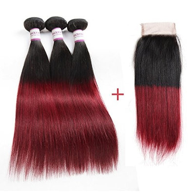 Racily Hair Ombre Brazilian Hair Straight 3 Bundles with Lace Closure 1B Burgundy 4