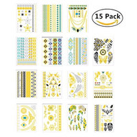 200+ Metallic Temporary Tattoos, Magnolora 15 Sheet Temporary Fake Tattoo Stickers Various Designs Removable Waterproof Body Art Tattoos Sticker for Body and Cellphones