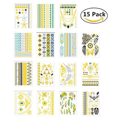 200+ Metallic Temporary Tattoos, Magnolora 15 Sheet Temporary Fake Tattoo Stickers Various Designs Removable Waterproof Body Art Tattoos Sticker for Body and Cellphones