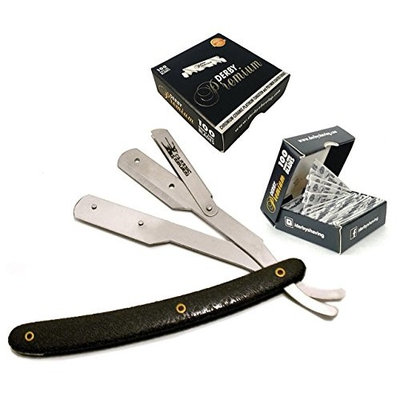Classic Samurai Stainless Steel Professional Barber Straight Edge Razor with 100 Count Derby Premium Single Edge Razor Blades (Black W/Pattern)