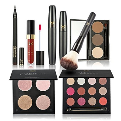 Frcolor Makeup Set - Eyeshadow, Mascara, Eyeliner, Eyebrow Powder, Blush Brush, Lip Gloss, 4 color Powder
