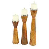 American Home Polished Mango Wood Flashlight-Inspired Candle Holder (Set of 3), Browns/Tans