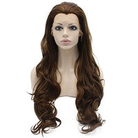 Mxangel 26inch Long Wavy Highlight Brown Synthetic Lace Front Wig Natural