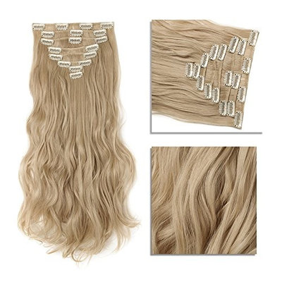 Clip in Hair Extensions Synthetic Full Head Hairpieces Thick Long Wavy Curly Soft Silky 8pcs 18clips for Women Fashion and Beauty 17'' / 17 inch(18/613 Dark Blonde Mix Bleach Blonde)