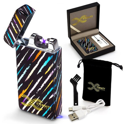 2018 Deal Eternity Lighters Flameless Electronic Rechargeable Windproof Premium Survival or Candle Lighter with Dual Arc, USB Cord, Brush, and Bag in Gift Box