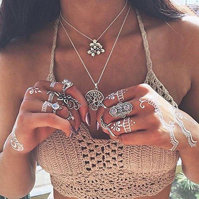 Kercisbeauty Summer Beach Boho Halo Silver Choker Necklace with Flower and Life Tree Pendant for Women and Girls,Body Jewelry,Gift for her,Birthday,Party,Beach Accessory,festival,teen girls