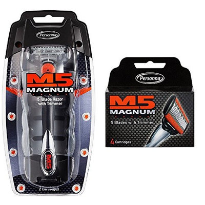 Personna M5 Magnum 5 Razor with Trimmer + M5 Magnum 5 Refill Razor Blade Cartridges, 4 ct. + FREE Assorted Purse Kit/Cosmetic Bag Bonus Gift