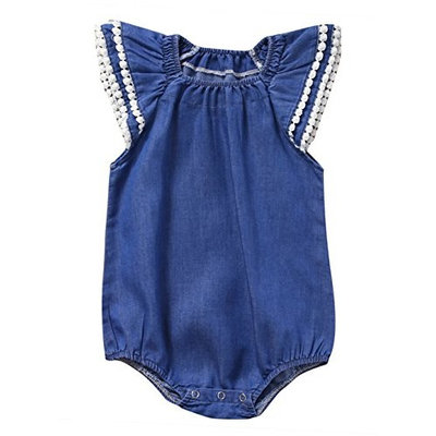 StylesILove Cute Baby Girl Pompom Ruffled Sleeves Denim Romper (90/12-18 Months)