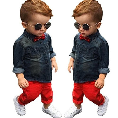 Efaster 1Set Kids Toddler Boys Handsome Denim T-shirt+Trousers Pants Clothes Outfits