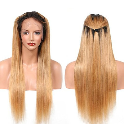 Straight Human Hair Full Lace Wigs 130% Density Brazilian Lace Frontal Wig for Black Women Ombre 1B/27 Color (18