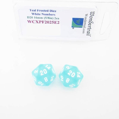 Wondertrail Products Teal Frosted Dice with White Numbers D20 Aprox 16mm (5/8in) Pack of 2 Wondertrail