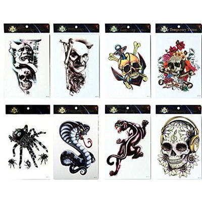 Spestyle waterproof and non toxic tattoo 8pcs mixes Halloween fake temp tattoo stickers in a packages,including skull with flowers,spiders, terrible skulls,snake and leopard tattoos
