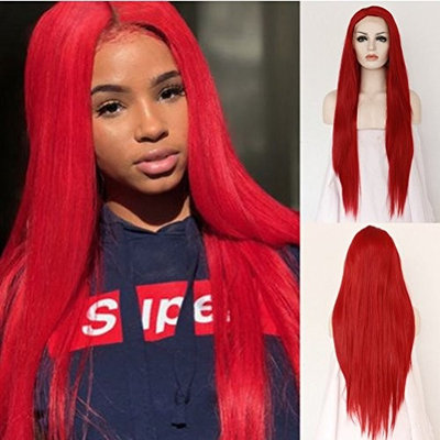 Long Straight Synthetic Wig For Women Red Lace Front Wigs Glueless Heat Resistant Fiber Hair Half Handmade 24 inches
