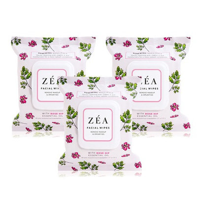 ZEA Makeup Remover Wipes Infused with Rose Hip Essential Oil Alcohol-Free & Paraben-Free 30 Wipes Per Package 3 Packages Total