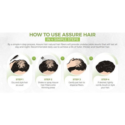 Assure Hair – Hair Building Fibers Made of Patented Natural Plant Fibers – Eliminates the Appearance of Baldness and Thinning Hair for Both Men and Women.