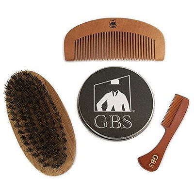 GBS Combo Set (3 Pc Kit) Premium Oval Wood Beard Brush with Boar Bristles, Bamboo All Fine Beard Comb & Tortoise Pocket Beard and Moustache Comb