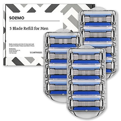 Amazon Brand – Solimo 5-Blade Razor Refills for Men with Precision Beard Trimmer, 12 Refills (Fits Solimo Razor Handles only)
