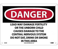 National Marker DANGER LEAD MAY DAMAGE FERTILITY OR THE UNBORN CHILD CAUSES DAMAGE TO THE CENTRAL NERVOUS SYSTEM DO NOT EAT, DRINK OR SMOKE IN THIS AREA, 10 X 14, .040 ALUM (Pack of 3)