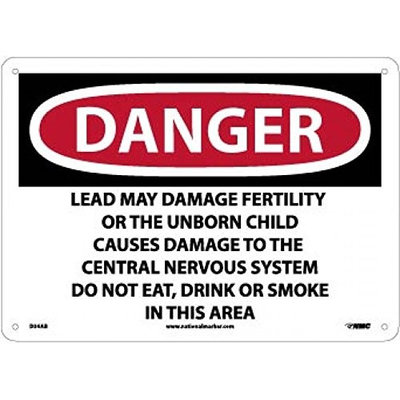 National Marker DANGER LEAD MAY DAMAGE FERTILITY OR THE UNBORN CHILD CAUSES DAMAGE TO THE CENTRAL NERVOUS SYSTEM DO NOT EAT, DRINK OR SMOKE IN THIS AREA, 10 X 14, .040 ALUM (Pack of 3)