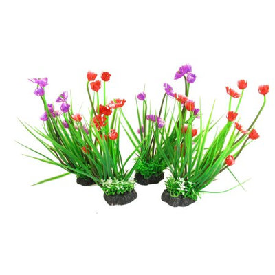 Artificial Red Purple Flower Plants Aquarium Decor 4 In 1