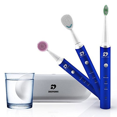 WONYERED 3-in-1 Electric Smart Toothbrush Whitening Rechargeable Electric Toothbrush Facial Cleaning Brush with 3 Replacement Heads Smart Timer USB Charging Aluminium Alloy Whole Ipx7 Waterproof Blue