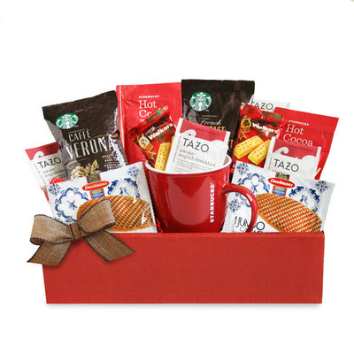 A California Delicious Happy Holidays Box with Single-serve Starbucks Coffee, Tea, Cocoa, and Ceramic Mug