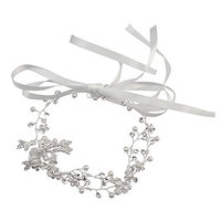 Homyl Boho Lady Headband Ribbon Vine Rhinestone Pearl Beads Leaf Charms Hairband - Silver