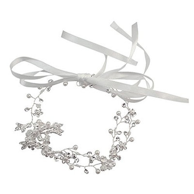 Homyl Boho Lady Headband Ribbon Vine Rhinestone Pearl Beads Leaf Charms Hairband - Silver