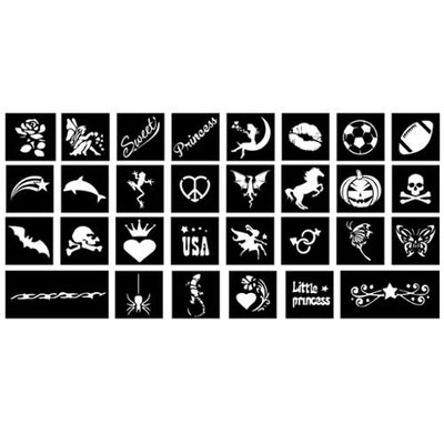 Custom Body Art 90-Piece Deluxe Glitter Tattoo Stencil Set Skull, Football, Rose