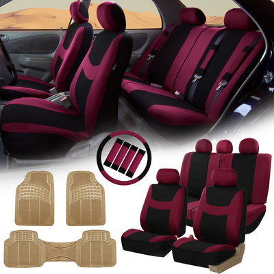 Burgundy Black Car Seat Covers for Auto w/Steering Cover/Belt Pads/Floor Mat