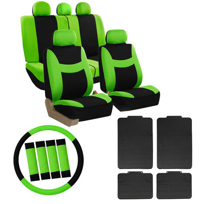 Car Seat Cover for Auto Set Green w/Steering Wheel/Belt Pad/Head Rest/Floor Mat