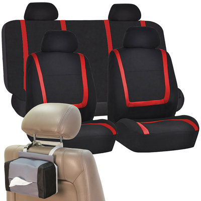Car Seat Covers Red Black Set for Auto w/Head Rests, Tissue Dispenser