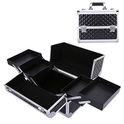 Aluminum Makeup Train Case with 4 Trays, 12.5'' Travel Cosmetic Case with 2 Locks Luggage Box Nail Jewelry Vanity Case FL-132