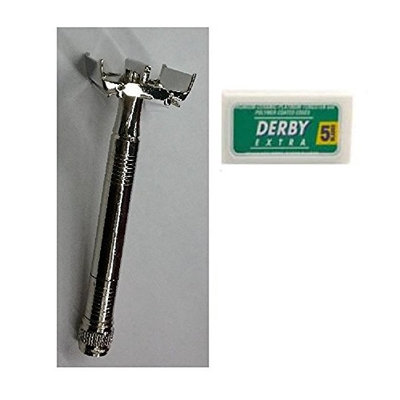 Double Edge Safety Razor + Derby Extra Double Edge Blades, 5 ct. (Pack of 1) + FREE Schick Slim Twin ST for Sensitive Skin