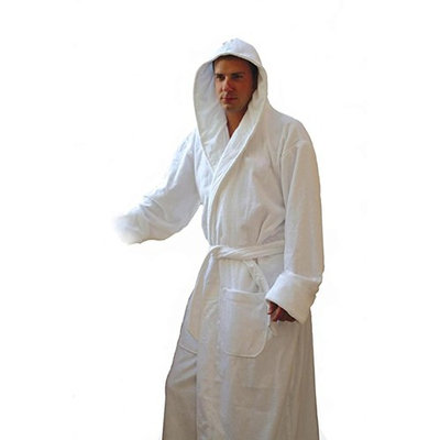 Heavy White Hooded Terry Cloth Bathrobe. XXL Full Length 100% Turkish Cotton. 54 Inch Length