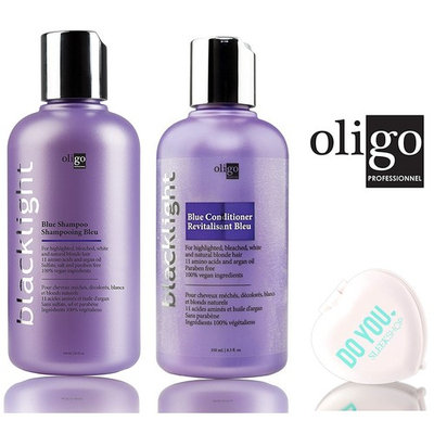 Oligo Blacklight Blue Shampoo & Conditioner DUO Set - Professional Formula for highlighted, bleach, white, and natural blonde hair (with Sleek Compact Mirror)