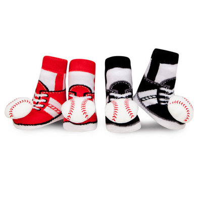 Waddle and Friends 2 Pack Boutique Boys Baby Socks Baseball Shoe Socks Newborn Booties 0-12 Months Baby Slippers Red and Black with Sensory Baby Rattle Foot Finders Baby Shower Gift Idea!