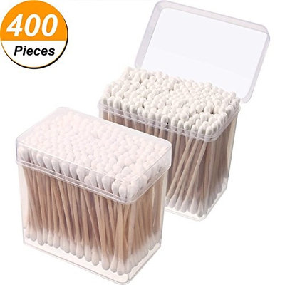 Cuteya 400 Pieces Double-sided Wooden Swabs Cotton Swabs with Clear Boxes for Beauty Cleaning Machine and Art