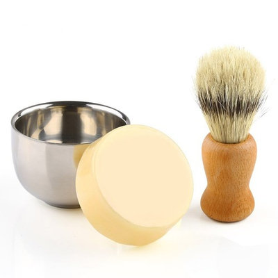 Boar Bristle Shaving Brush, 3in1 Shaving Set in Hard Wood Handle with Shaving Soap Bowl Stainless Steel and Goat Milk Soap 100g for Men