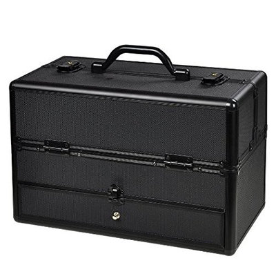 Professional Aluminum ABS Hair Stylist Barber Cosmetic Makeup Drawer Train Case With Key Lock Black