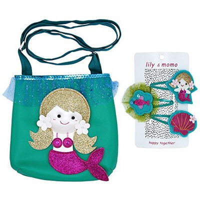 Merry Mermaid Gift Set - Bag and Hair Clip Set - Sea Green, Rose and Gold - Adjustable Strap Bag and Non Slip Snap Hair Clip, Suitable All Hair Types