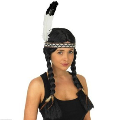 Ladies Black Indian Squaw Wig With Feather