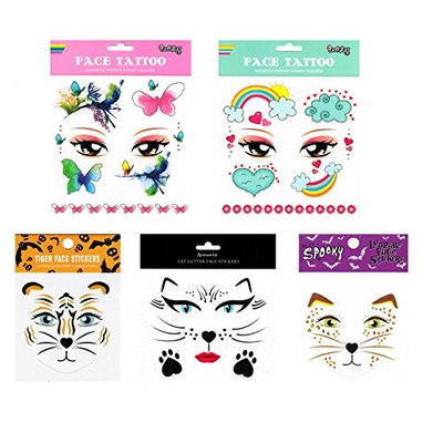 Spestyle waterproof and non toxic tattoo 6pcs mixes kids animal face fake temp tattoo stickers in a packages,including butterflies,flowers,rainbow,clould,tiger...
