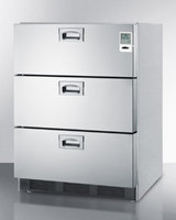 Summit Commercially approved three-drawer refrigerator in stainless steel for built-in use, with temperature alarm, hospital grade cord, and internal fan